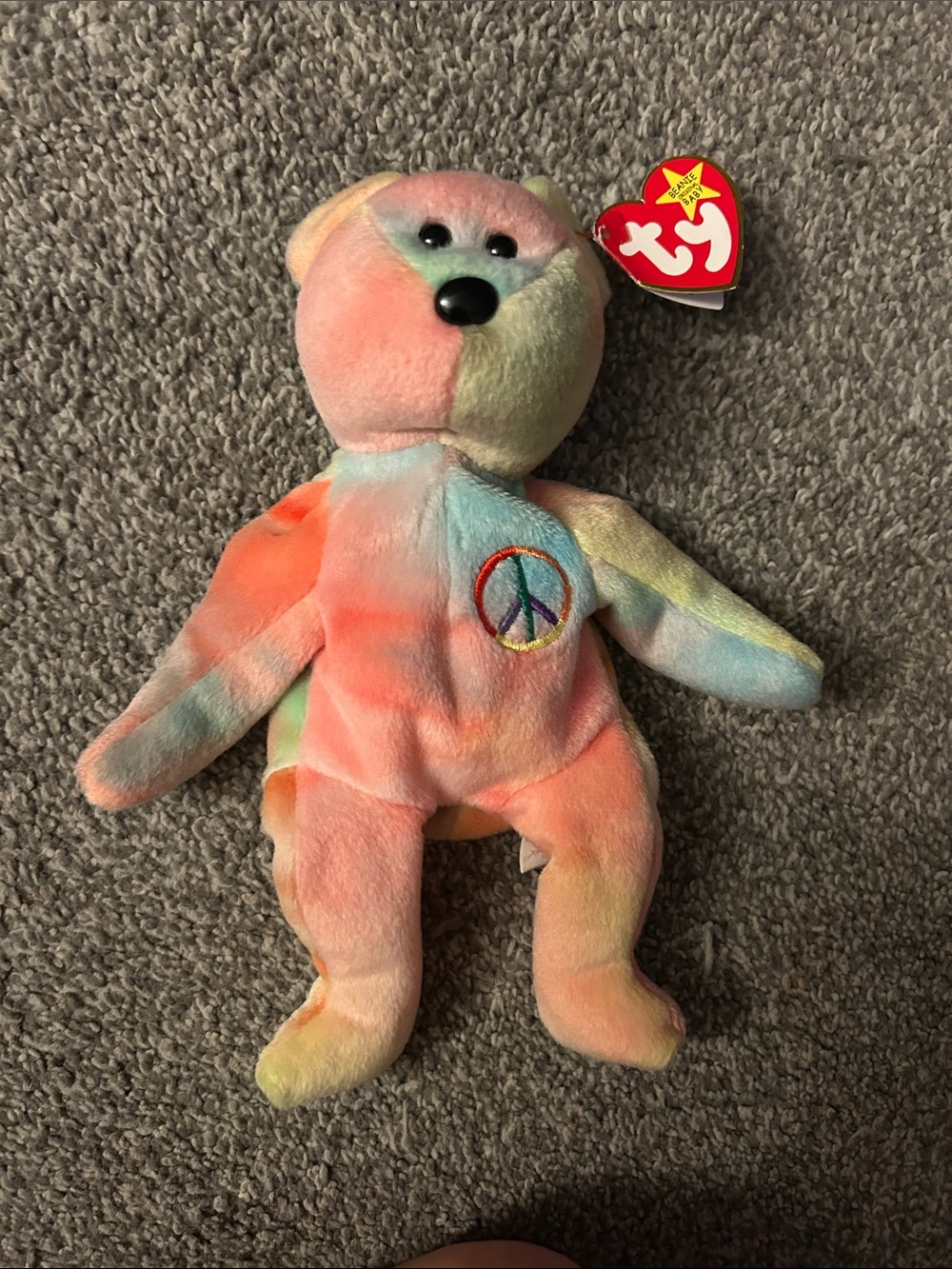 Ty Multicolor Tie-Dye Peace Bear Plush - Pink, Orange, Yellow, Blue, Green